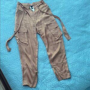 Auth Cavalli tan silk pants gold zip det sz42 orig $350